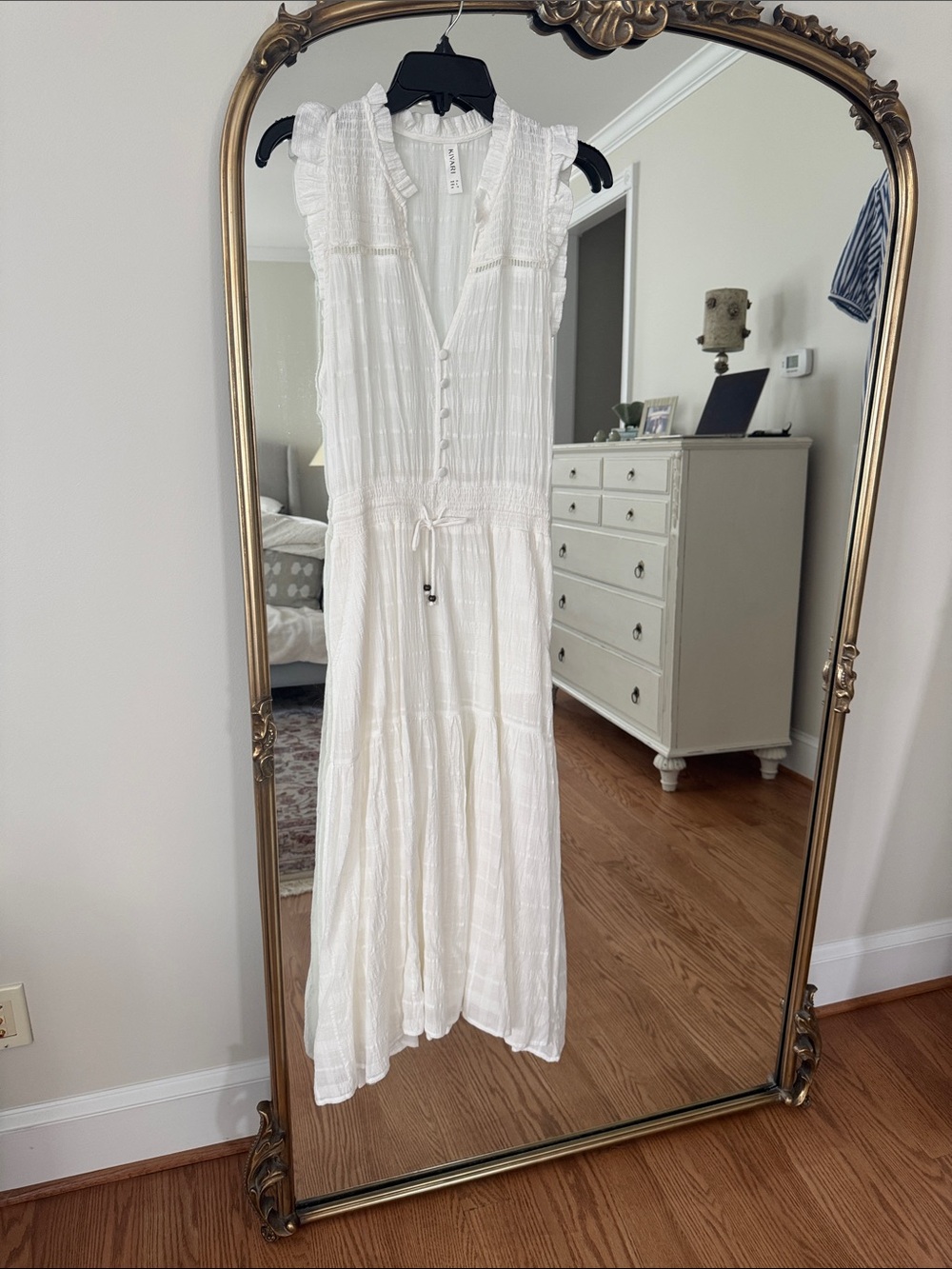 Kivari- White Sleeveless Button-Front Maxi Dress with Drawstring Waist